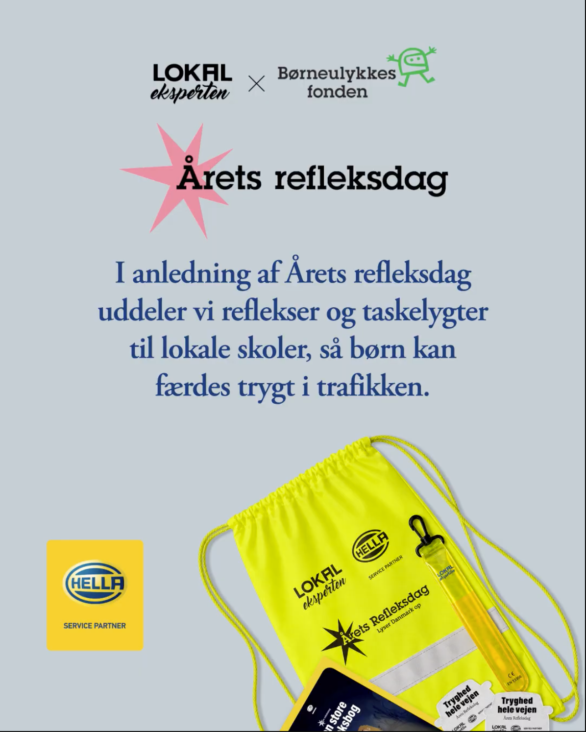 Reflekspakke til Årets Refleksdag med gul pose, taskelygte og refleksmateriale